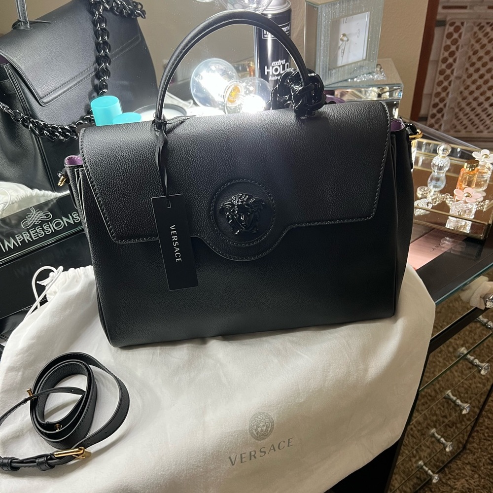 Versace Collection Black Leather Top-Handle Tote with Medusa Emblem